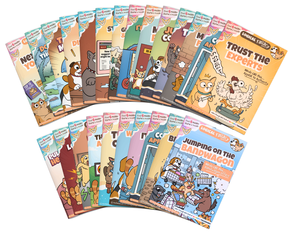 Collection of logical fallacy books with animal characters on a white background