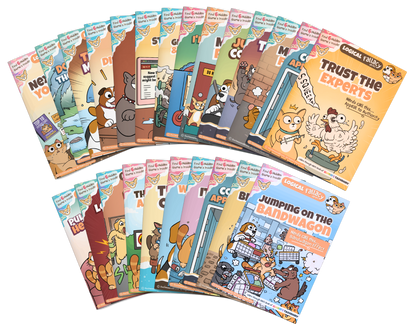 Collection of logical fallacy books with animal characters on a white background