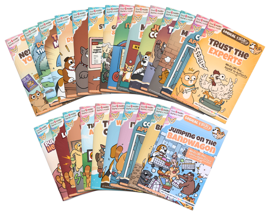 Collection of logical fallacy books with animal characters on a white background