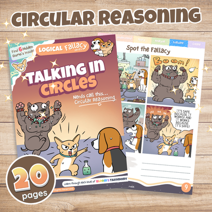 Circular Reasoning logical fallacy activity pack cover showing cartoon dog characters with the tagline Talking In Circles, digital download