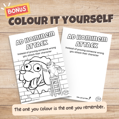 Ad Hominem Attack fallacy poster bonus colouring page, the same illustration in black and white for students to colour in