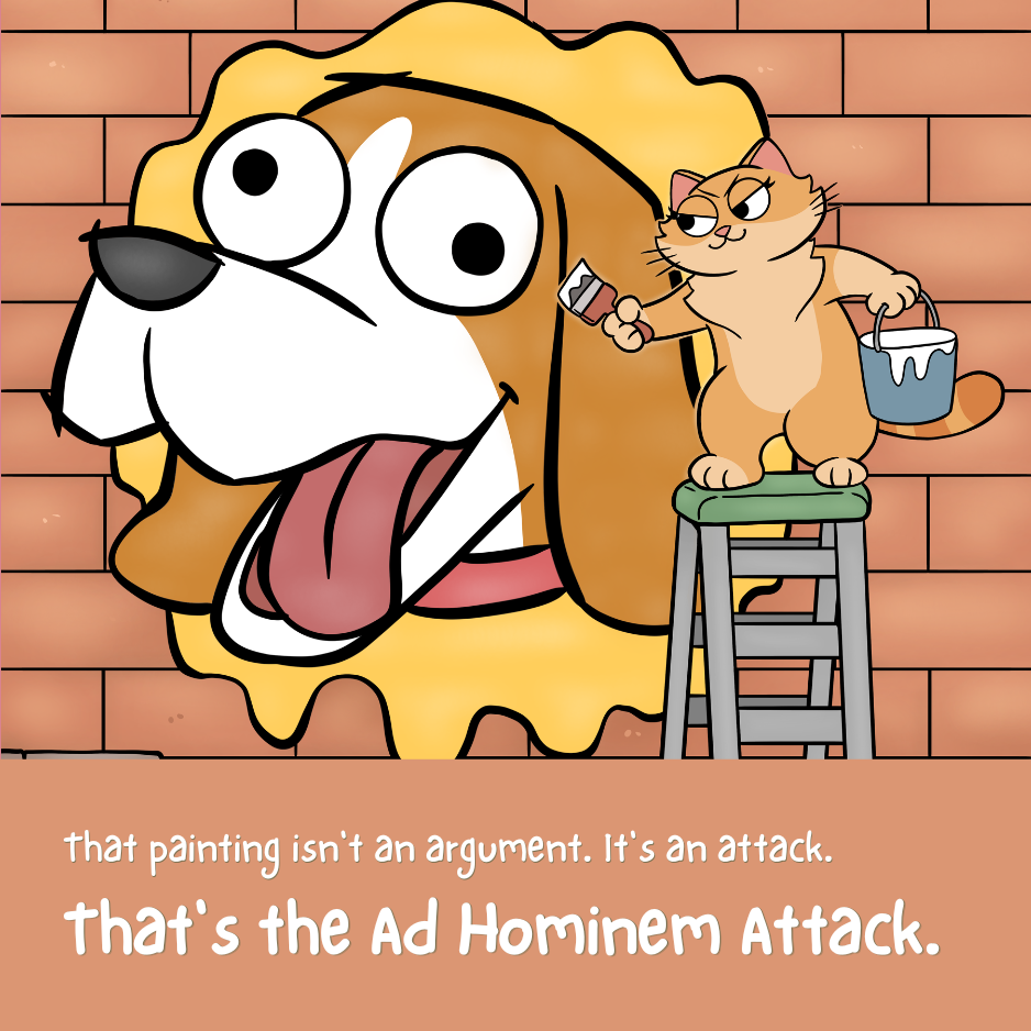 Illustrated comic panel from the Ad Hominem Attack poster with a caption explaining the reasoning mistake
