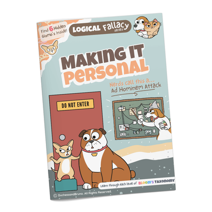 Ad Hominem Attack logical fallacy activity pack cover showing cartoon dog characters with the tagline Making it Personal, professionally printed booklet