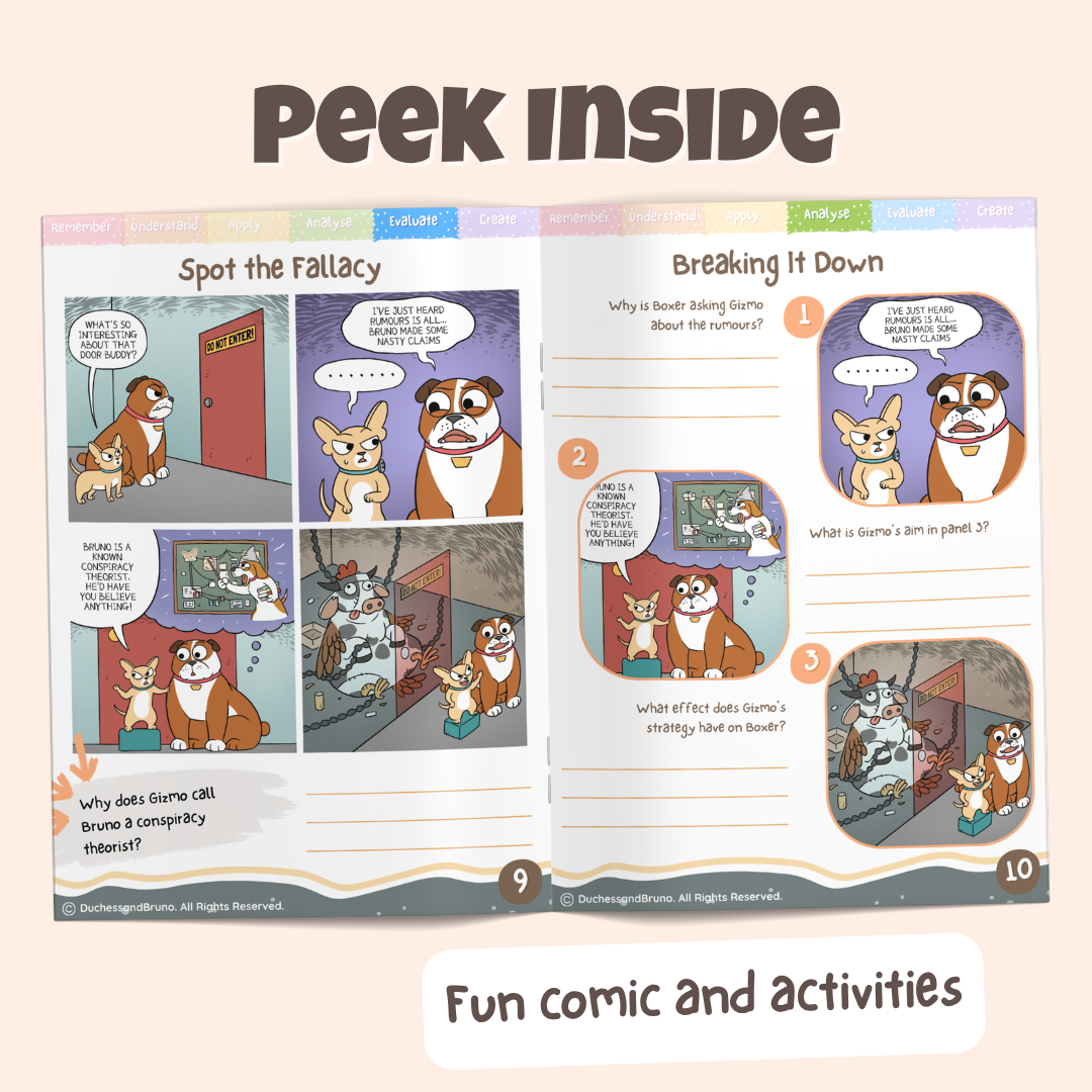 Peek inside the Ad Hominem Attack pack showing the Spot the Fallacy comic and Breaking It Down activity pages with fun comics and activities