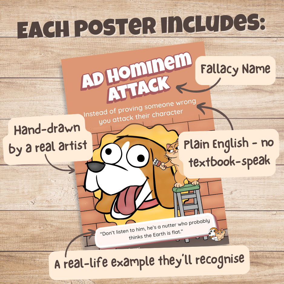 Ad Hominem Attack poster with labels pointing out the fallacy name, plain English definition, hand-drawn artwork and real-life example