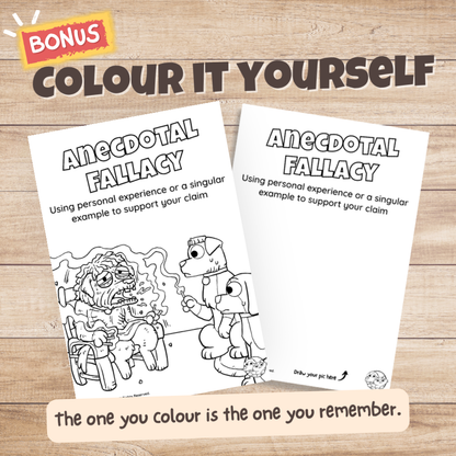 Anecdotal Fallacy poster bonus colouring page, the same illustration in black and white for students to colour in