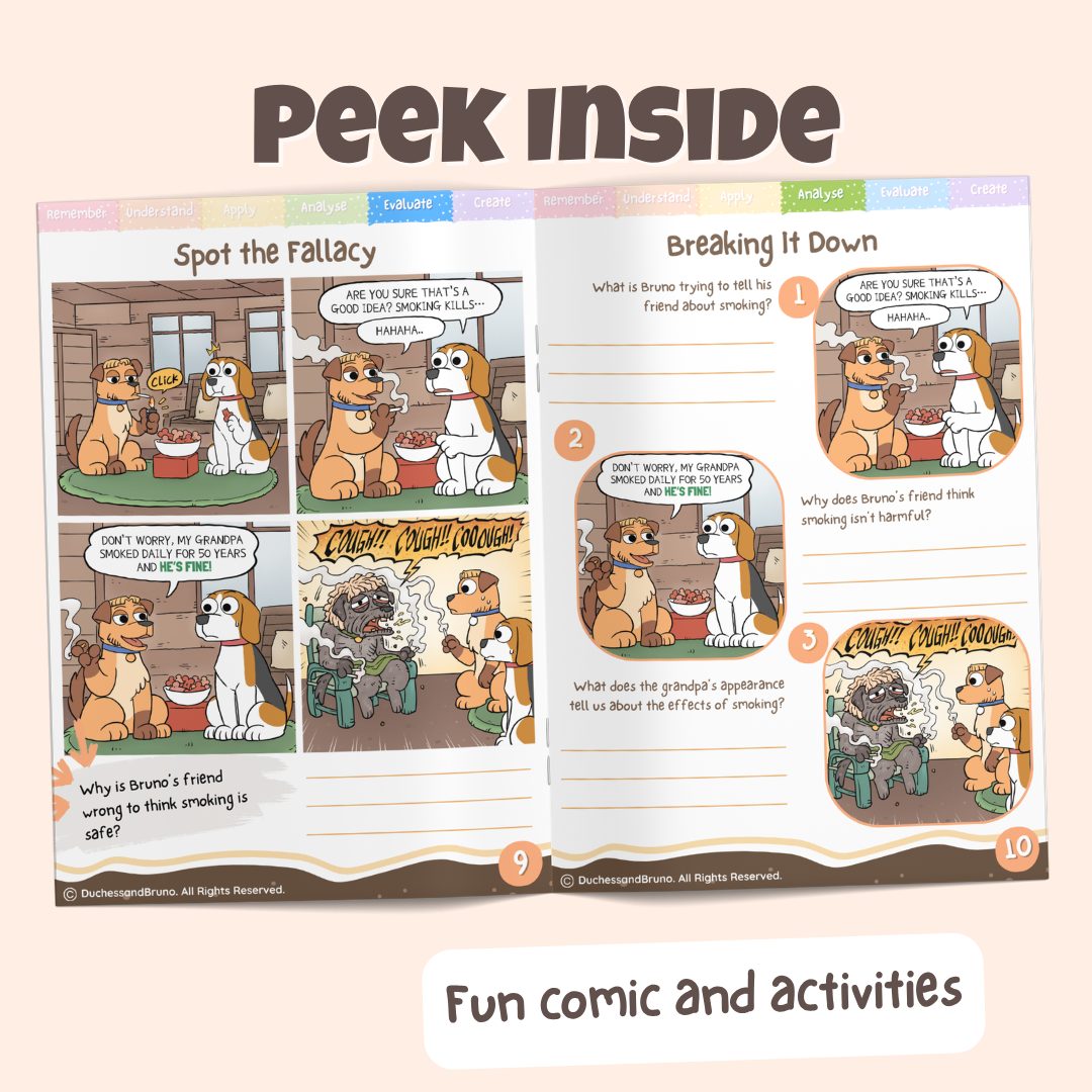 Peek inside the Anecdotal pack showing the Spot the Fallacy comic and Breaking It Down activity pages with fun comics and activities
