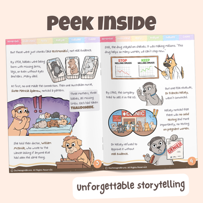 Peek inside the Anecdotal logical fallacy pack showing illustrated historical storytelling pages about doctors using personal accounts to prescribe medication