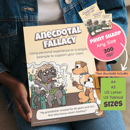 Someone holding the printed Anecdotal Fallacy poster, with a note that the download includes A4, A3, US Letter and US Tabloid sizes at 300 dpi