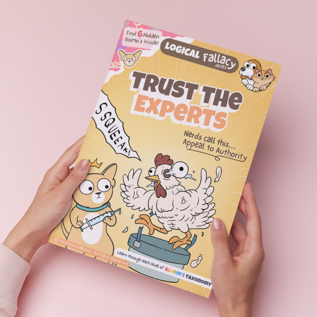 Hand holding a printed copy of the Appeal to Authority logical fallacy activity pack showing the cover and print quality
