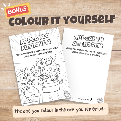 Appeal to Authority fallacy poster bonus colouring page, the same illustration in black and white for students to colour in