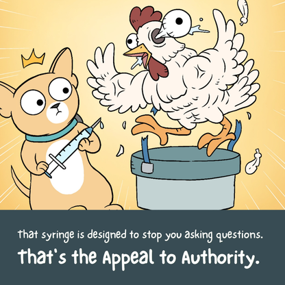 Illustrated comic panel from the Appeal to Authority poster with a caption explaining the reasoning mistake