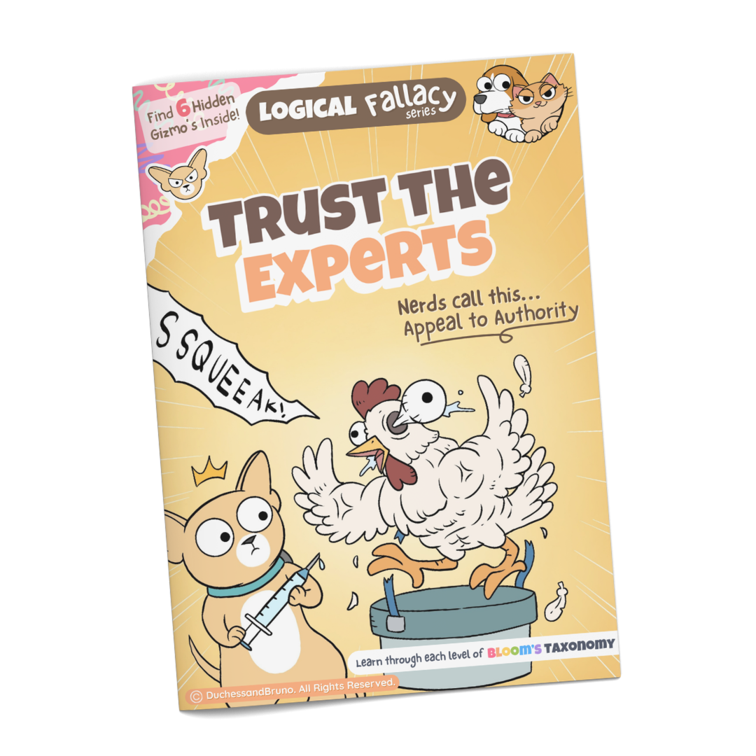 Appeal to Authority logical fallacy activity pack cover showing cartoon chicken and cat characters with the tagline Trust the Experts, professionally printed booklet
