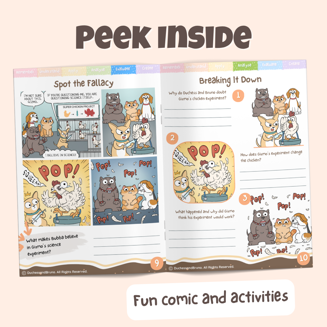 Peek inside the Appeal to Authority pack showing the Spot the Fallacy comic and Breaking It Down activity pages with fun comics and activities
