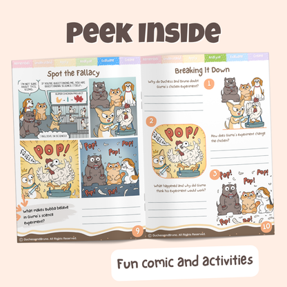 Peek inside the Appeal to Authority pack showing the Spot the Fallacy comic and Breaking It Down activity pages with fun comics and activities
