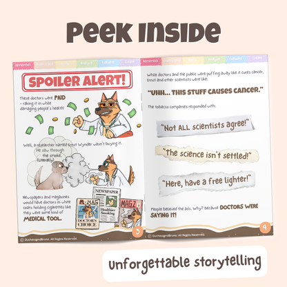 Peek inside the Appeal to Authority pack showing illustrated historical storytelling pages about tobacco companies using doctors to promote smoking
