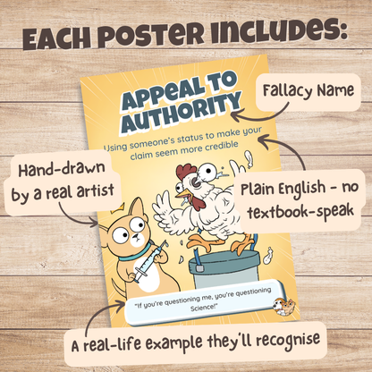 Appeal to Authority poster with labels pointing out the fallacy name, plain English definition, hand-drawn artwork and real-life example