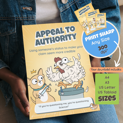 Someone holding the printed Appeal to Authority poster, with a note that the download includes A4, A3, US Letter and US Tabloid sizes at 300 dpi