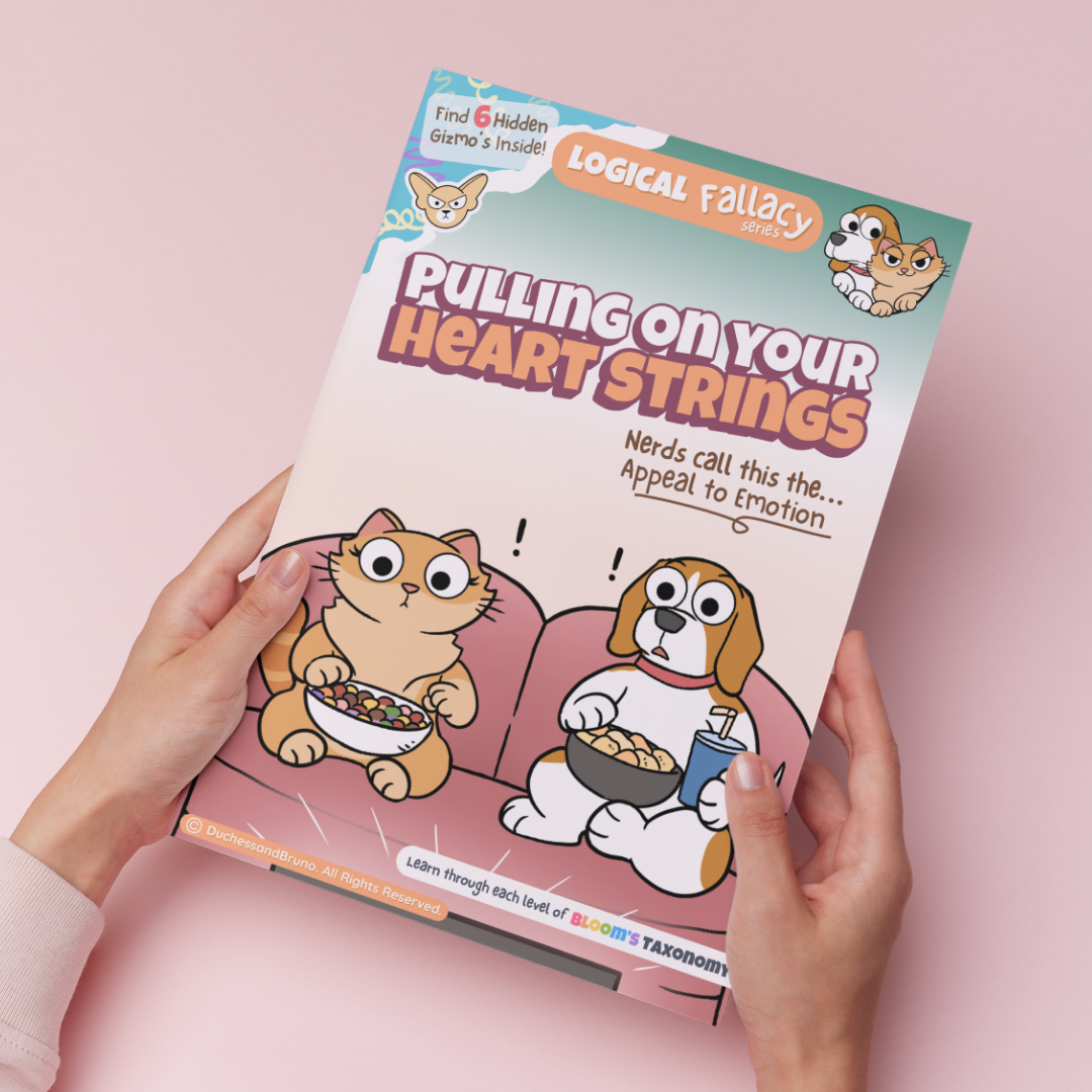 Hand holding a printed copy of the Appeal to Emotion logical fallacy activity pack showing the cover and print quality