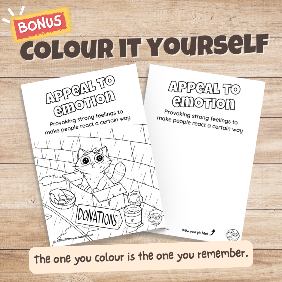 Appeal to Emotion fallacy poster bonus colouring page, the same illustration in black and white for students to colour in