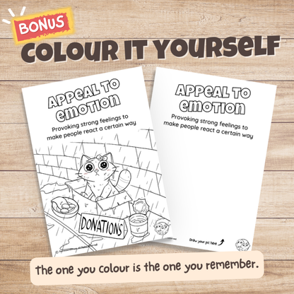 Appeal to Emotion fallacy poster bonus colouring page, the same illustration in black and white for students to colour in