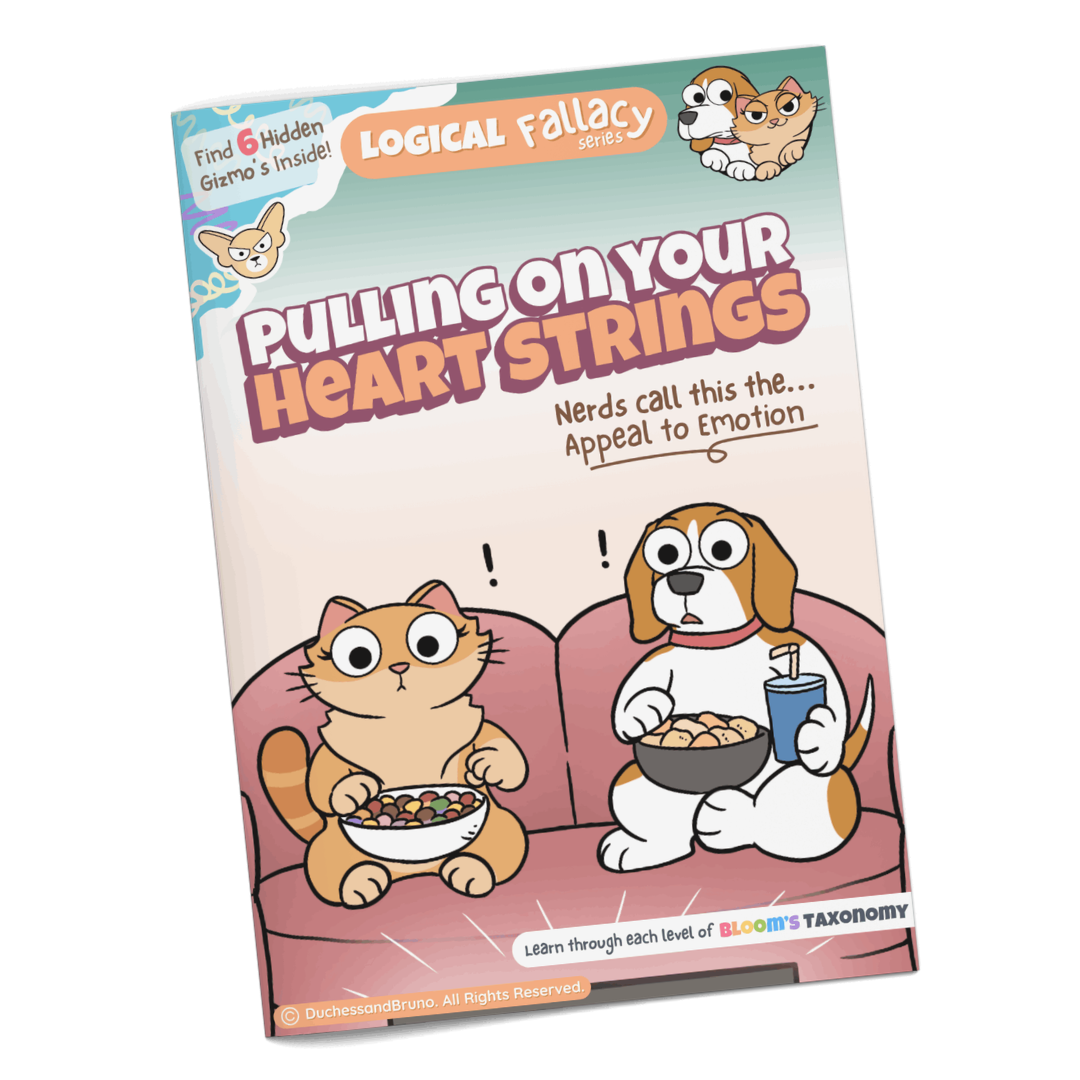 Appeal to Emotion logical fallacy activity pack cover showing cartoon dog and cat characters with the tagline Pulling on Your Heart Strings, professionally printed booklet