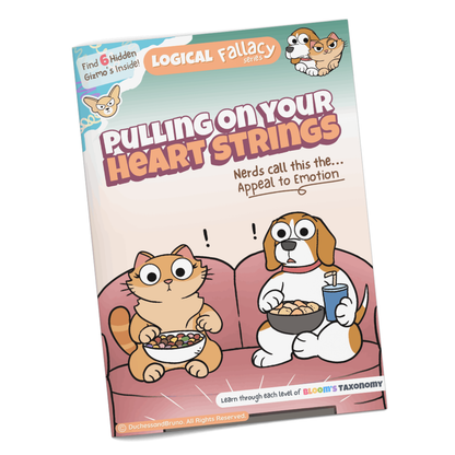 Appeal to Emotion logical fallacy activity pack cover showing cartoon dog and cat characters with the tagline Pulling on Your Heart Strings, professionally printed booklet