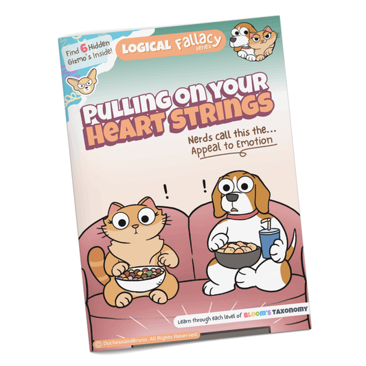 Appeal to Emotion logical fallacy activity pack cover showing cartoon dog and cat characters with the tagline Pulling on Your Heart Strings, professionally printed booklet