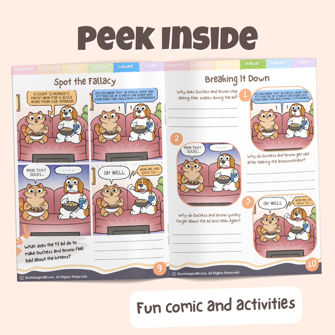 Peek inside the Appeal to Emotion pack showing the Spot the Fallacy comic and Breaking It Down activity pages with fun comics and activities

