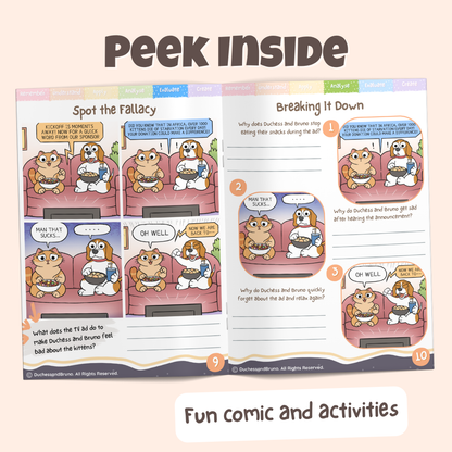 Peek inside the Appeal to Emotion pack showing the Spot the Fallacy comic and Breaking It Down activity pages with fun comics and activities
