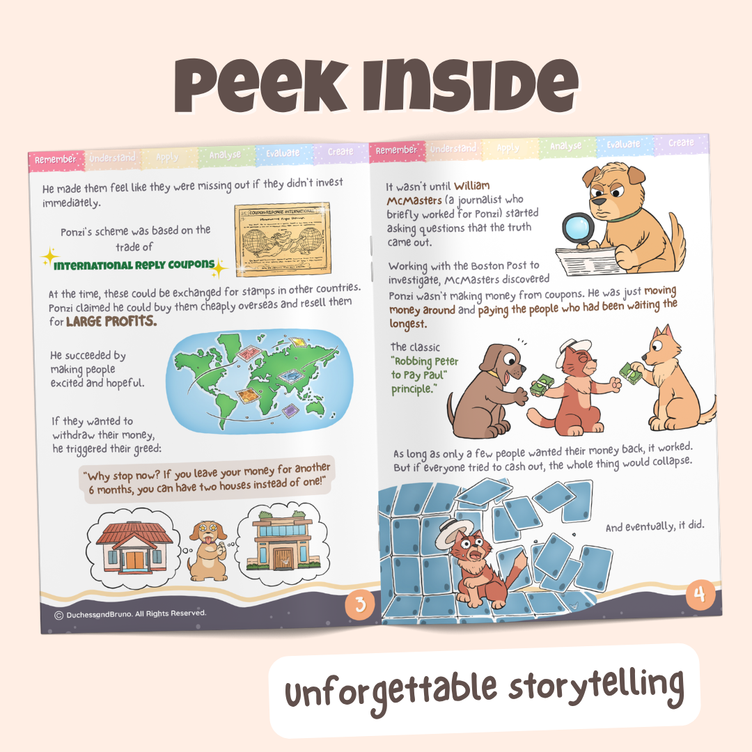 Peek inside the Appeal to Emotion pack showing illustrated historical storytelling pages about how Charles Ponzi tugged on peoples emotions to manipulate them into buying into his schemes