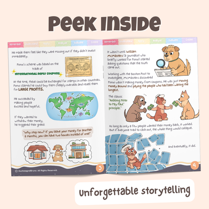 Peek inside the Appeal to Emotion pack showing illustrated historical storytelling pages about how Charles Ponzi tugged on peoples emotions to manipulate them into buying into his schemes