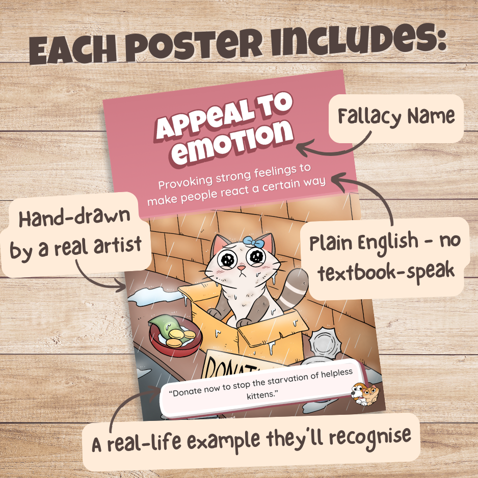 Appeal to Emotion poster with labels pointing out the fallacy name, plain English definition, hand-drawn artwork and real-life example