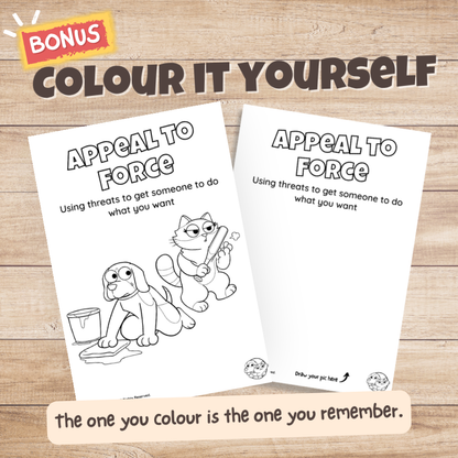 Appeal to Force fallacy poster bonus colouring page, the same illustration in black and white for students to colour in