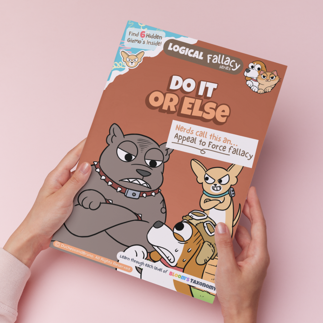 Hand holding a printed copy of the Appeal to Force logical fallacy activity pack showing the cover and print quality
