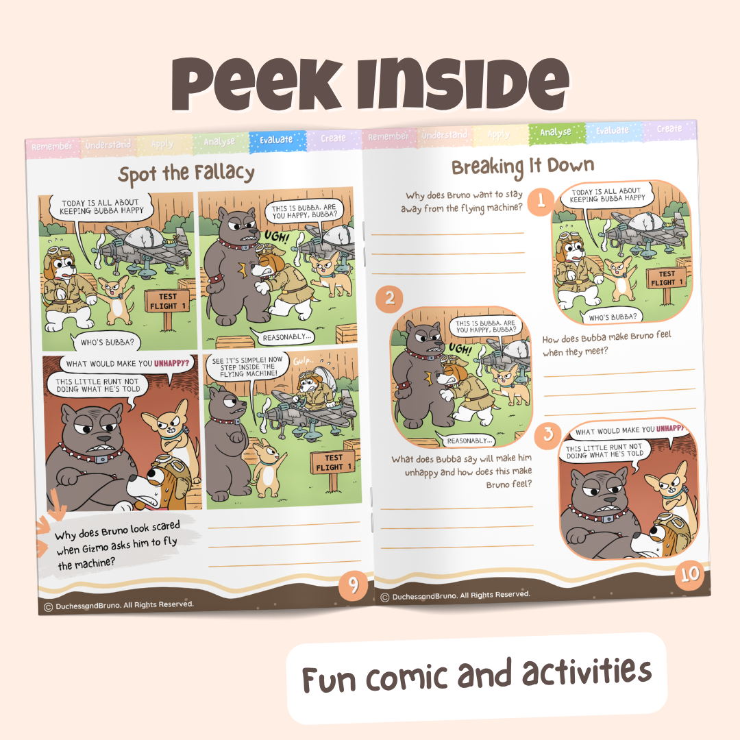 Peek inside the Appeal to Force pack showing the Spot the Fallacy comic and Breaking It Down activity pages with fun comics and activities