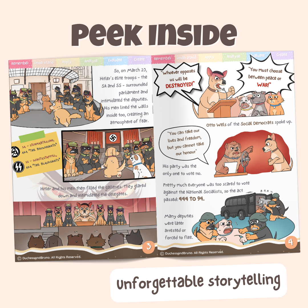 Peek inside the Appeal to Force pack showing illustrated historical storytelling pages about Hitler and his men using threats and intimidation to force parliament to vote for the 1933 Enabling Act