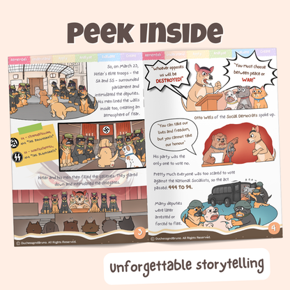 Peek inside the Appeal to Force pack showing illustrated historical storytelling pages about Hitler and his men using threats and intimidation to force parliament to vote for the 1933 Enabling Act