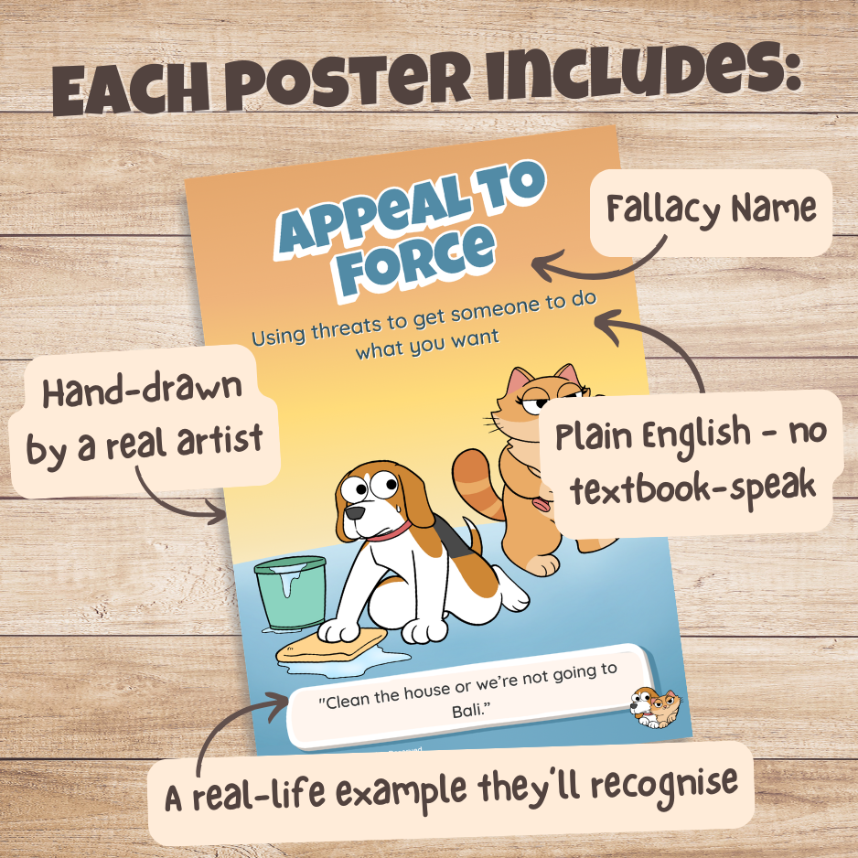 Appeal to Force poster with labels pointing out the fallacy name, plain English definition, hand-drawn artwork and real-life example