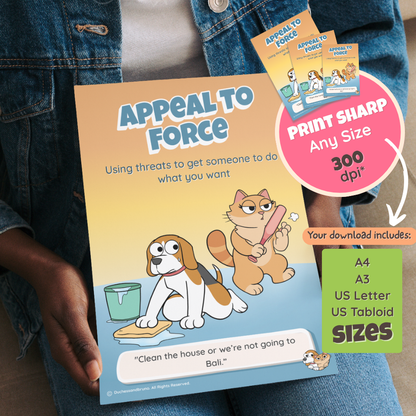 Someone holding the printed Appeal to Force poster, with a note that the download includes A4, A3, US Letter and US Tabloid sizes at 300 dpi