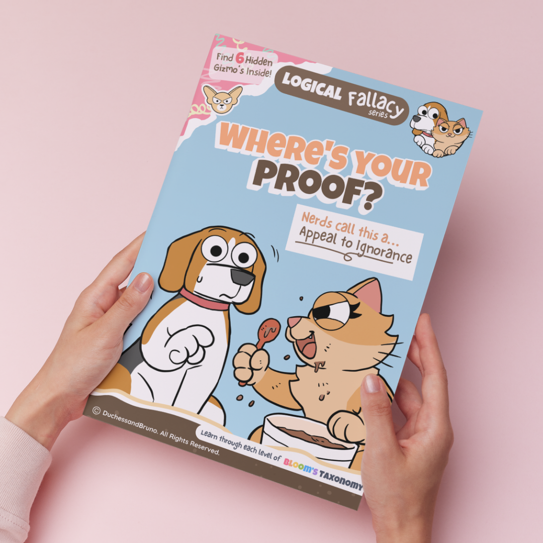 Hand holding a printed copy of the Appeal to Ignorance logical fallacy activity pack showing the cover and print quality