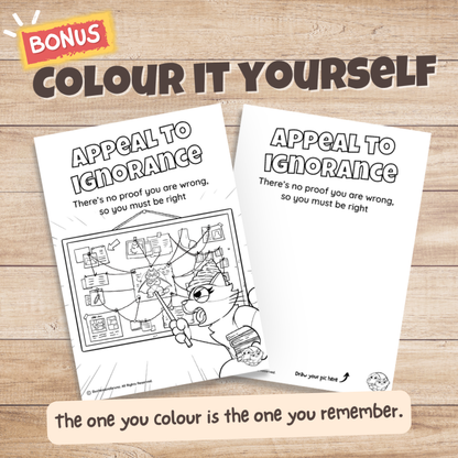 Appeal to Ignorance fallacy poster bonus colouring page, the same illustration in black and white for students to colour in