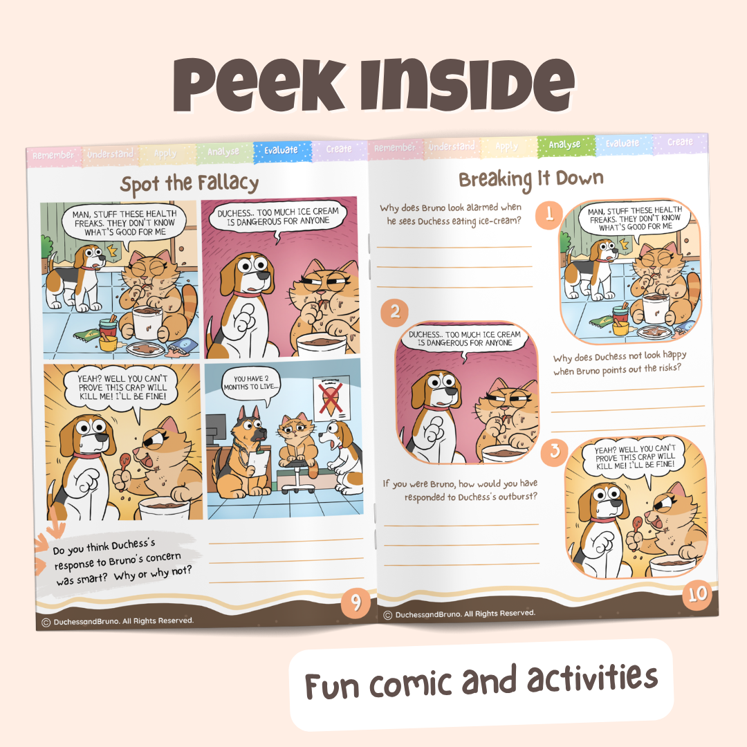 Peek inside the Appeal to Ignorance pack showing the Spot the Fallacy comic and Breaking It Down activity pages with fun comics and activities
