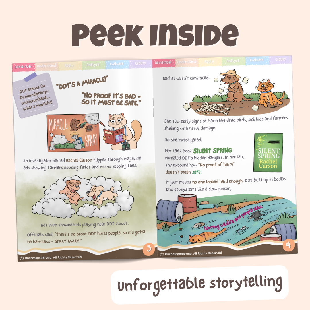 Peek inside the Appeal to Ignorance pack showing illustrated historical storytelling pages about how DDT was believed to be safe because there was no evidence proving it was not safe