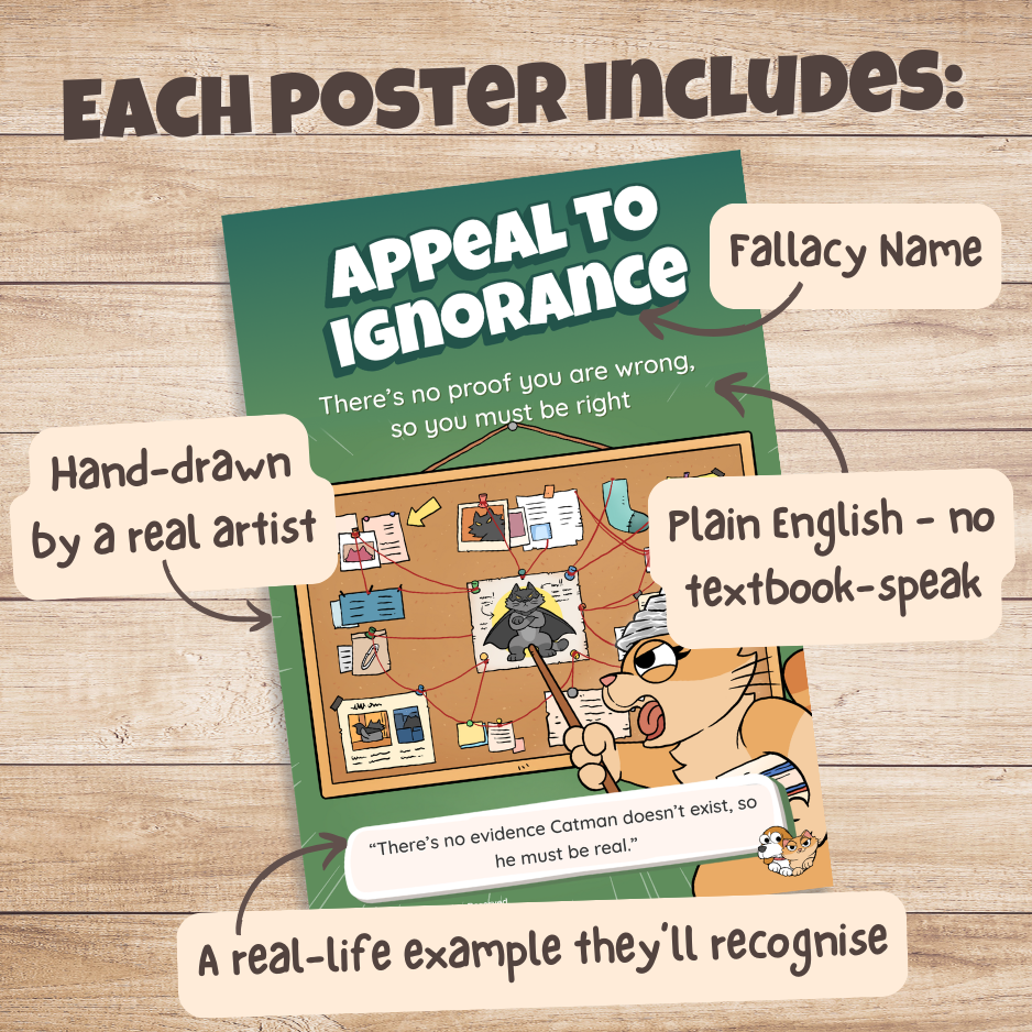 Appeal to Ignorance poster with labels pointing out the fallacy name, plain English definition, hand-drawn artwork and real-life example
