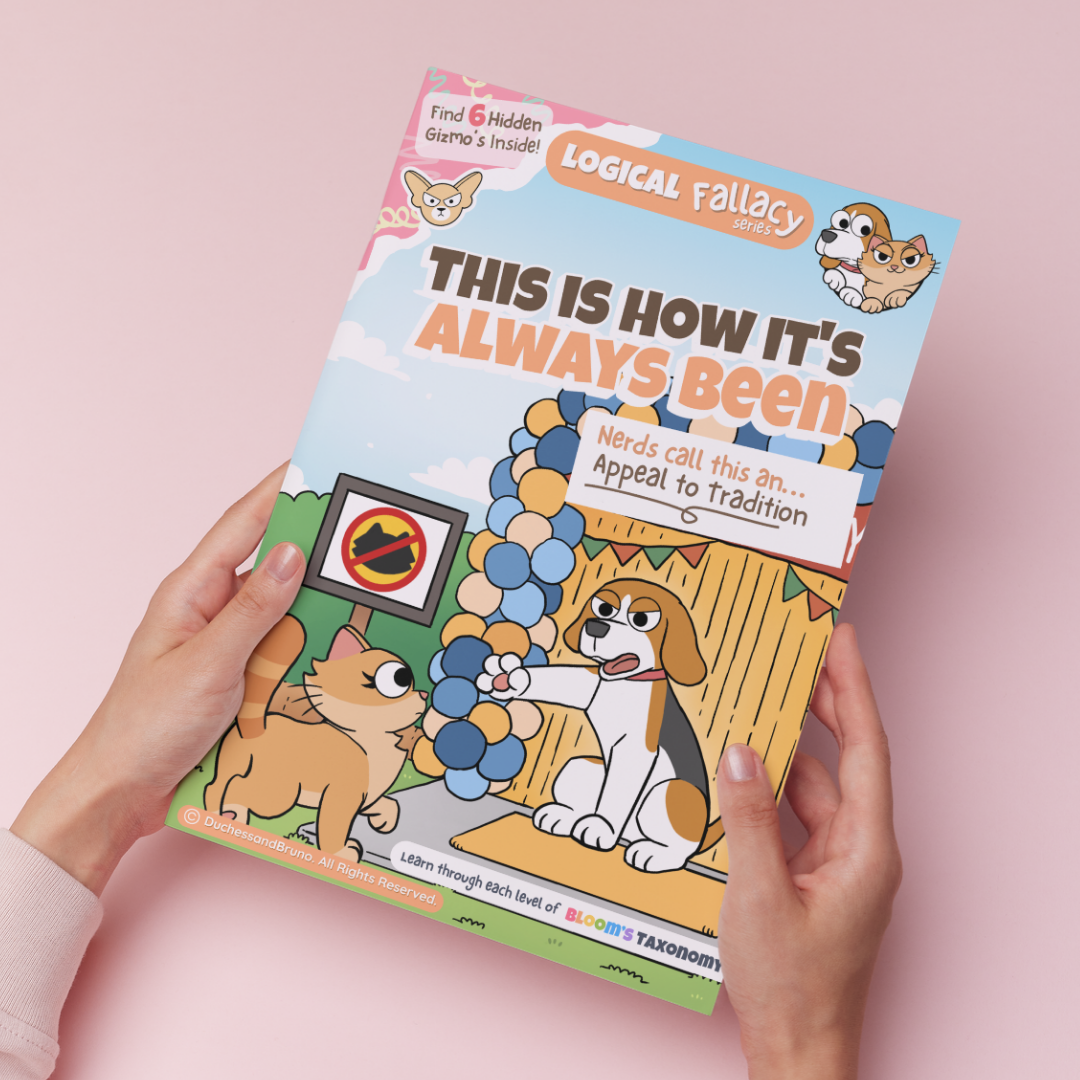 Hand holding a printed copy of the Appeal to Tradition logical fallacy activity pack showing the cover and print quality