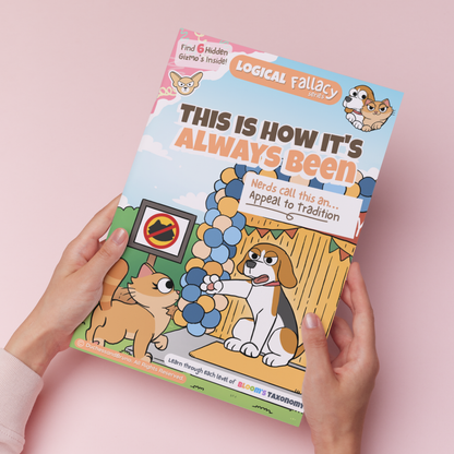 Hand holding a printed copy of the Appeal to Tradition logical fallacy activity pack showing the cover and print quality
