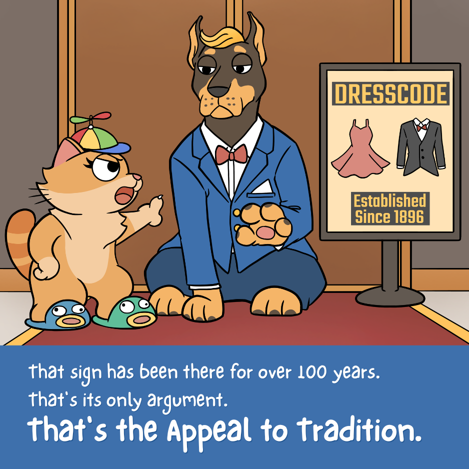 Illustrated comic panel from the Appeal to Tradition poster with a caption explaining the reasoning mistake