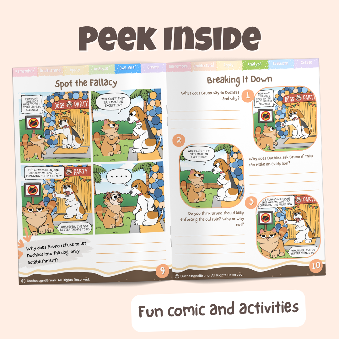 Peek inside the Appeal to Tradition pack showing the Spot the Fallacy comic and Breaking It Down activity pages with fun comics and activities