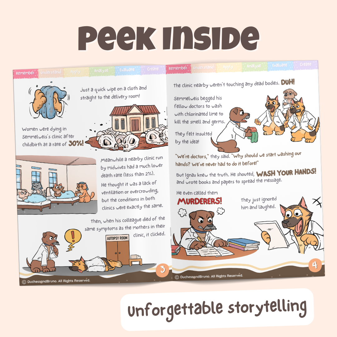 Peek inside the Appeal to Tradition pack showing illustrated historical storytelling pages about how doctors refused to wash their hands because that's how it has always been